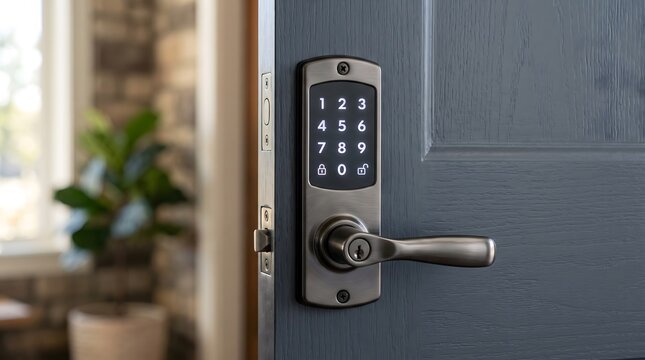 Smart lock with illuminated digital keypad on a modern grey door, providing keyless entry and home security.