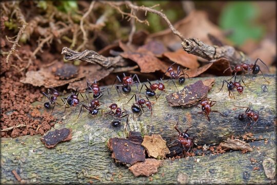 Macro Photograph of Red - Black Ants on a Dead Wooden Branch in the Sahyadri Mountains, India