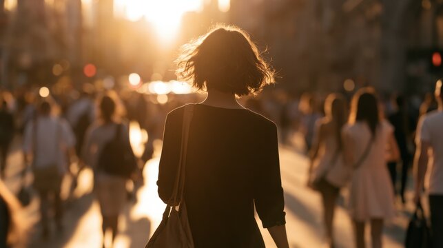 Back view of person walking on city street during golden hour with sun shining and blurred crowd in background