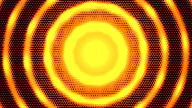 Abstract bright yellow and orange pulsating concentric circles with a halftone texture. This seamless vibrating wave motion graphic loop is perfect for energetic music or tech video designs.
