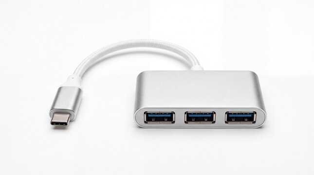 Metallic usb type c hub with multiple ports for data transfer displayed on white background