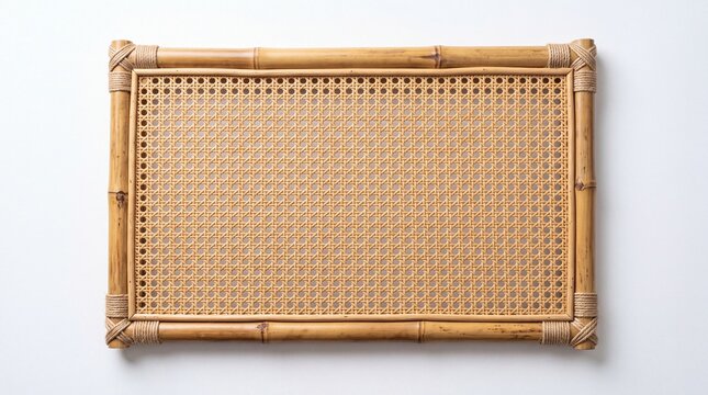 Rectangular woven rattan tray featuring a natural bamboo frame for home decor displayed on white background