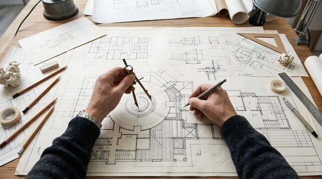 Architect drawing residential floor plans using compass on wooden desk