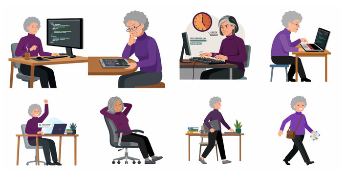 Senior Woman Software Developer Character Set Coding and Working on Computer