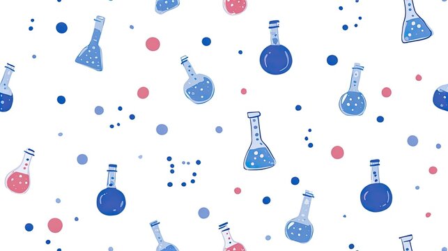 Seamless laboratory pattern with blue chemistry flasks and colorful dots on a white background, science education, research and STEM surface design
