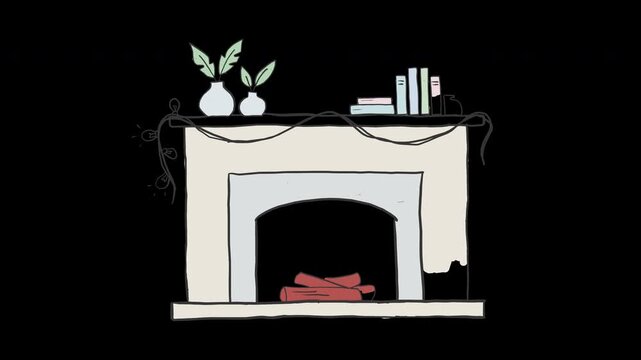 Hand Drawn fireplace mantel string lights winter indoor 4K Animation with alpha transparent background