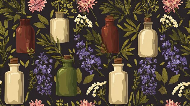 Seamless apothecary pattern with vintage glass bottles, herbs and botanical sprigs on a dark background, herbal medicine illustration and rustic surface design