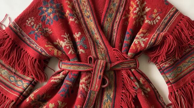 Red patterned cardigan sweater with fringe details and belt on white surface