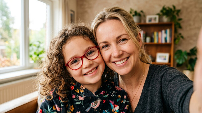 Happy Mother and Young Daughter with Glasses Smiling Together for a Selfie at Home