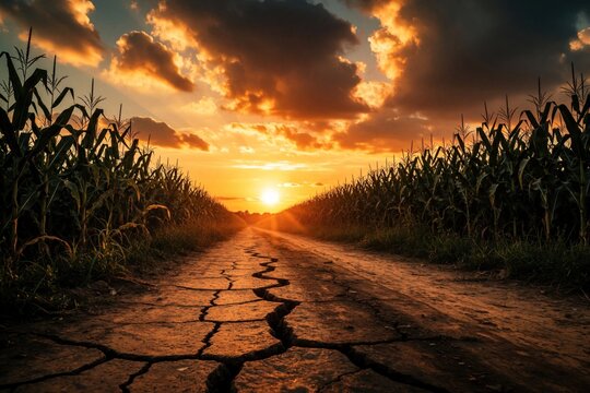 Cracked dirt road splits cornfield under dramatic sunset sky. Golden hour light illuminates rural landscape, tall crops flank arid path. Evening clouds glow orange and red.