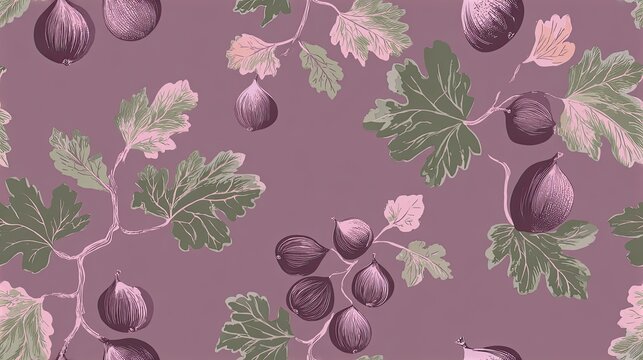 Seamless botanical pattern with purple figs and leafy branches on a dusty rose background, elegant fruit illustration, garden harvest and natural surface design