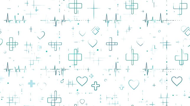 Seamless medical pattern with ECG lines, healthcare icons and clinical symbols in pale teal on a white background, hospital and wellness surface design