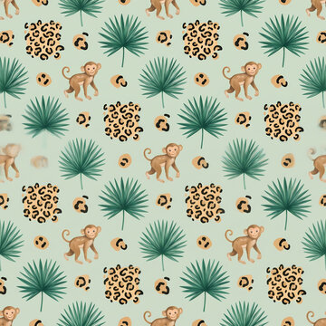Minimalist monkeys leopard print spots and palm leaves on pale mint cream seamless pattern background