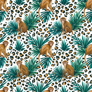 Dense monkeys leopard print spots and palm leaves on white seamless pattern background