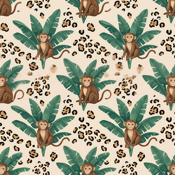 Charming monkeys leopard print spots and palm leaves on soft warm oatmeal seamless pattern background