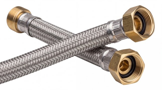 Flexible metal braided plumbing hoses with brass fittings connected in cross pattern on white background