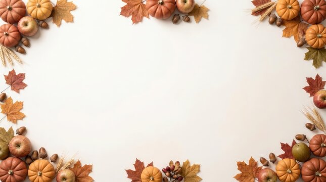 Abundant autumn border featuring pumpkins apples and acorns on white surface creates clean frame for harvest events.
