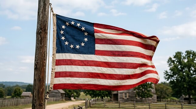Historical thirteen star american flag waving on a pole in a rural field setting under a cloudy sky. 13 colonies flag