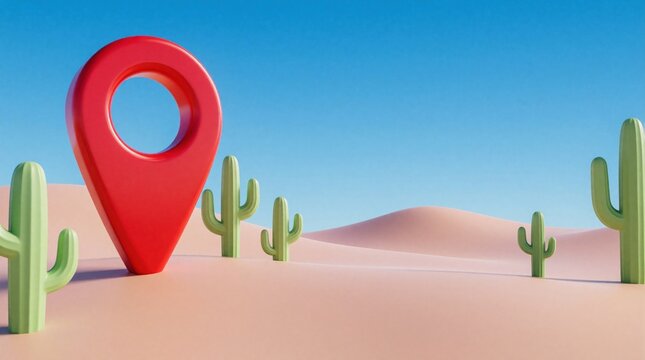 Red map marker stands in a sandy desert landscape with cacti under a clear blue sky. This symbolic image represents location finding, travel, and exploration.