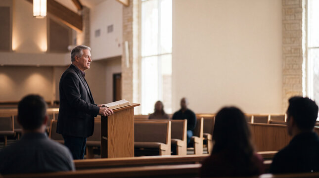 Man speaking at a lectern in a bright church sanctuary