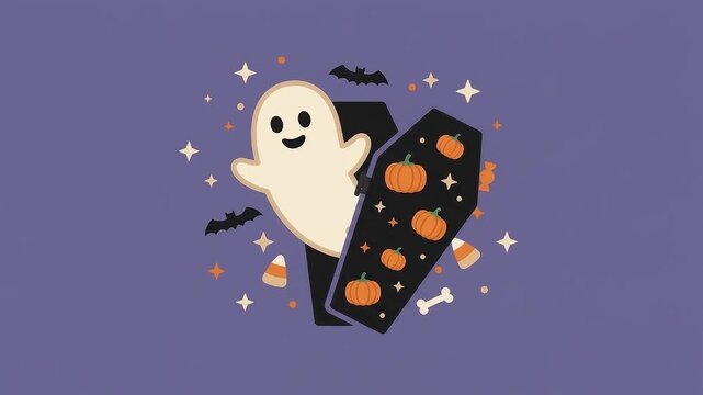 Halloween Cute Cartoon Ghost Emerging From A Pumpkin Pattern Coffin Animation For Halloween Background