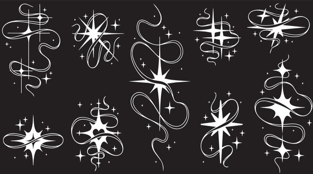 Set of magical glowing stars with wavy lines and sparkles on black background.
