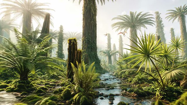 Prehistoric jungle landscape with pterosaurs flying over stream. Ancient ecosystem with giant ferns and palm trees. Panning camera movement.