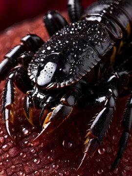 Extreme macro of a dark scorpion on black surface, detailed carapace and spiky legs, pest control and danger concept.