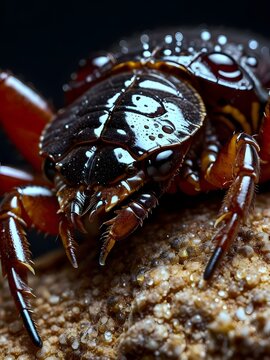 Extreme macro of a dark scorpion on black surface, detailed carapace and spiky legs, pest control and danger concept.