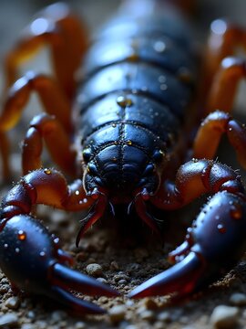 Extreme macro of a dark scorpion on black surface, detailed carapace and spiky legs, pest control and danger concept.