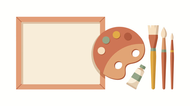 Flat illustration of an artist canvas with a paint palette and brushes.