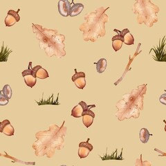 Watercolor seamless autumn pattern with acorns, oak leaves, twigs and grass on a warm beige background © Halyna