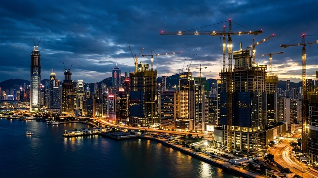 Modern city skyline at night with skyscraper construction and cranes
