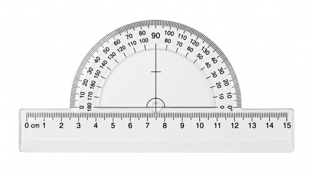 Transparent plastic protractor with integrated metric ruler scale for precise geometry measurements on white background