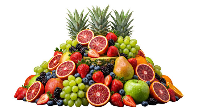 Large mountain pile of fresh mixed tropical fruits and berries as PNG element