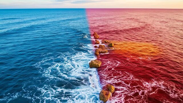 Ocean water split into blue and red colored halves by rock barrier line