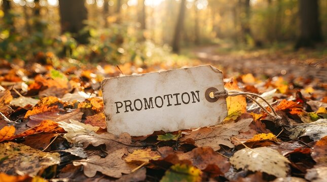 A vintage paper tag with the word promotion written on it, resting on a bed of colorful autumn leaves in a forest setting