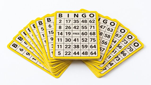 Multiple yellow bingo game cards fanned out neatly in a circular pattern on white background