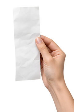 A hand holding a blank crumpled paper receipt png file isolated on transparent background
