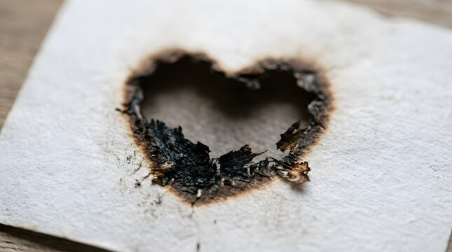 Close-up of burnt heart shape on white paper with charred edges and smoke marks