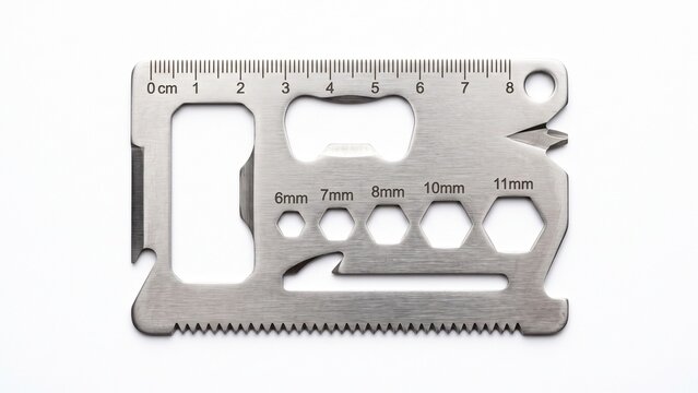 Stainless steel multifunctional credit card tool featuring various industrial measuring and opening functions on white background