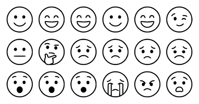 Collection of 18 simple black and white linedrawing emoji set with simple line art design featuring simple design, minimalist, black and white with illustrations and graphics
