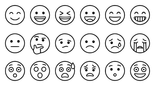 Collection of 18 simple black and white linedrawing emoji set with simple line art design featuring line art, illustrations, graphic resources with vector and design elements