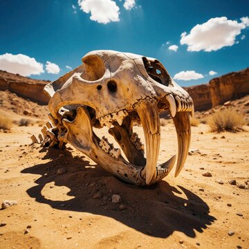 Large prehistoric sabertooth cat skull lies on desert sand. Extinct predator fossil with long teeth, massive jaws rests in sunny archaeological dig site. Ancient mammal skeleton remains under blue