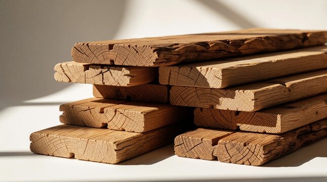 Stack of rustic wooden planks for construction home decor. Natural timber boards piled up in carpenter shop millwork studio. Raw lumber pieces show texture, grain for carpentry projects, flooring,