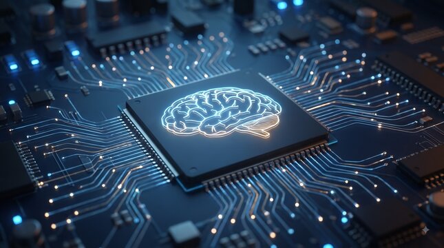 computer chip on circuit board and a symbol of human brain is graphed on the chip.