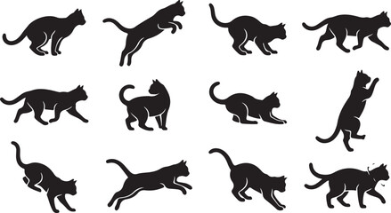 Fototapeta premium Set of black silhouette featuring cats in various poses including jumping, running, stretching, and sitting on white background