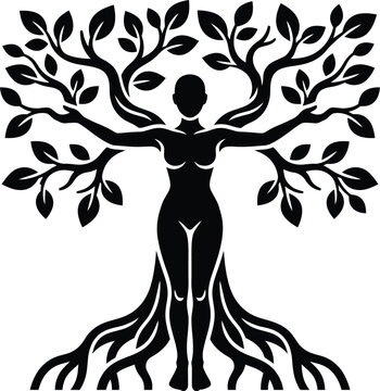 Human Tree Metamorphosis Silhouette &ndash; Roots to Body Branching Plant Icon