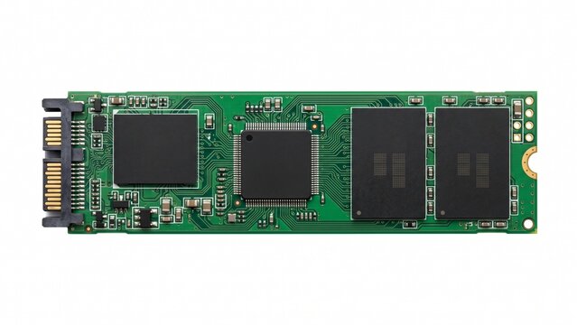 Green electronic circuit board for data storage showing complex internal components captured on white background