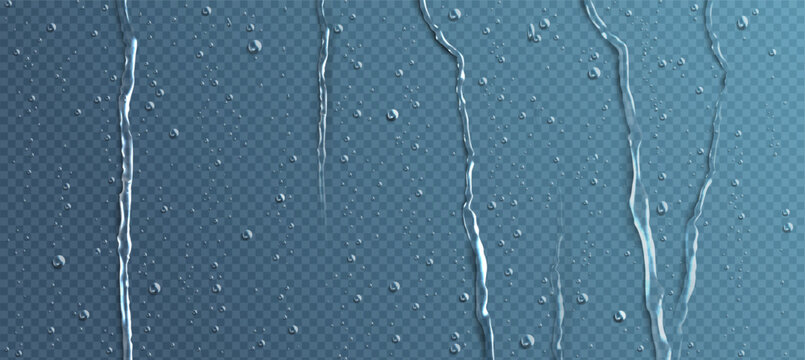 Realistic water droplets on transparent glass surface. Vector illustration of rain drops on clean window background, natural wet texture with moisture beads, shower wall pattern with overlay effect